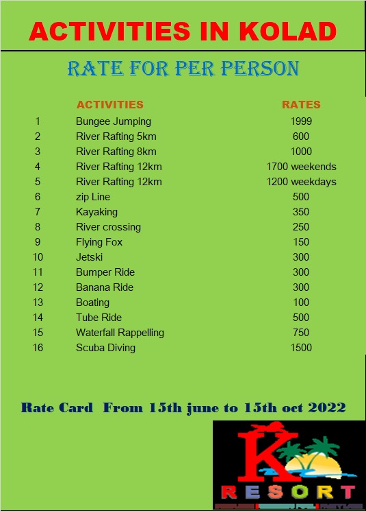 K Resort activity rate card listing per-person rates for rafting, bungee jumping, zip line, kayaking, jet ski and more
